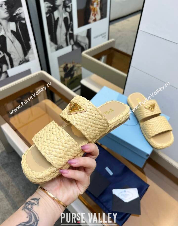 Prada Raffia straw flat slides sandal Beige Yellow 2025 1XX749 (MD-250603061)