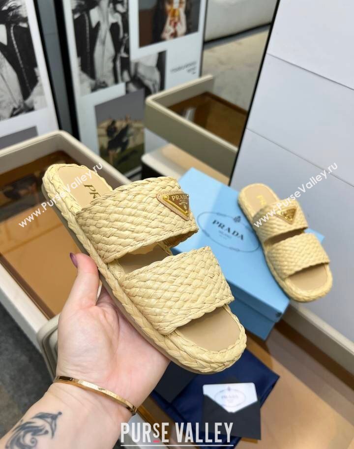 Prada Raffia straw flat slides sandal Beige Yellow 2025 1XX749 (MD-250603061)