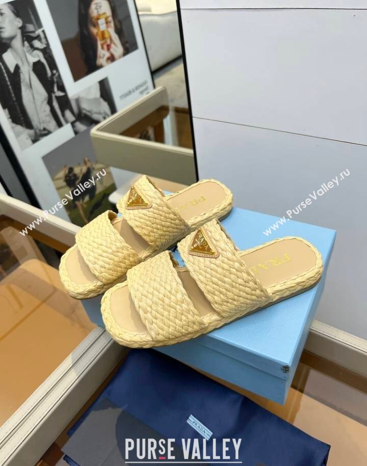 Prada Raffia straw flat slides sandal Beige Yellow 2025 1XX749 (MD-250603061)
