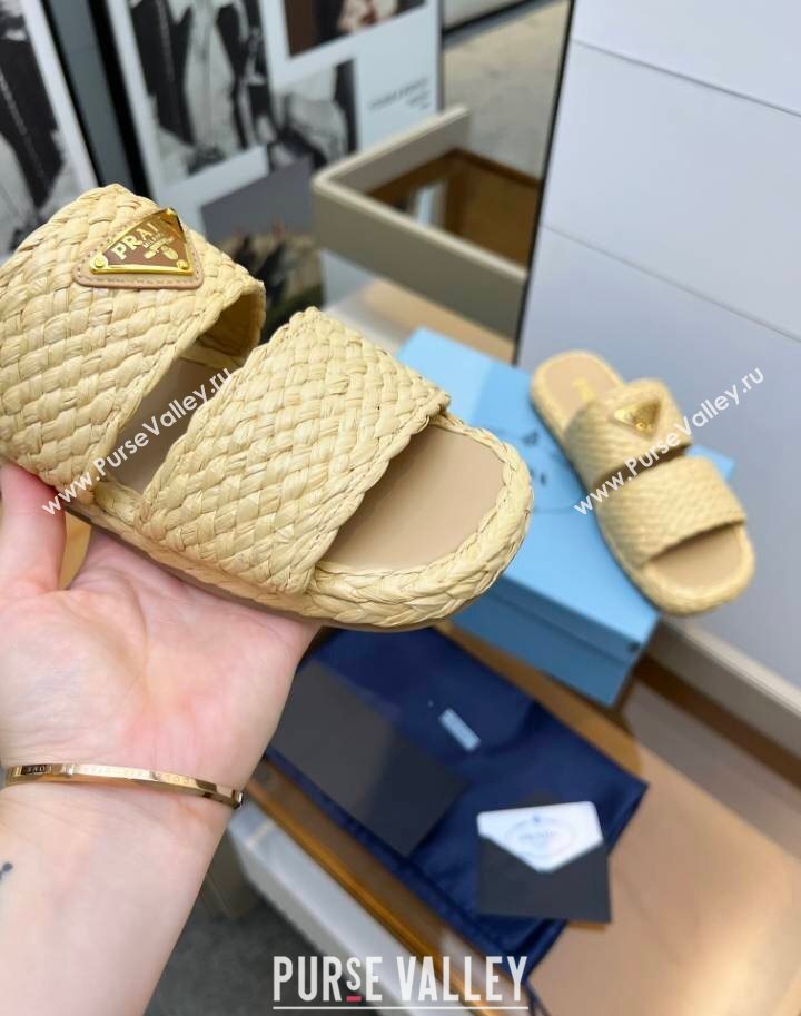 Prada Raffia straw flat slides sandal Beige Yellow 2025 1XX749 (MD-250603061)