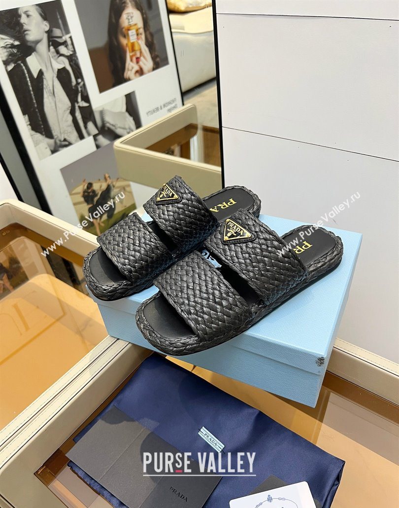 Prada Raffia straw flat slides sandal Black 2025 1XX749 (MD-250603062)