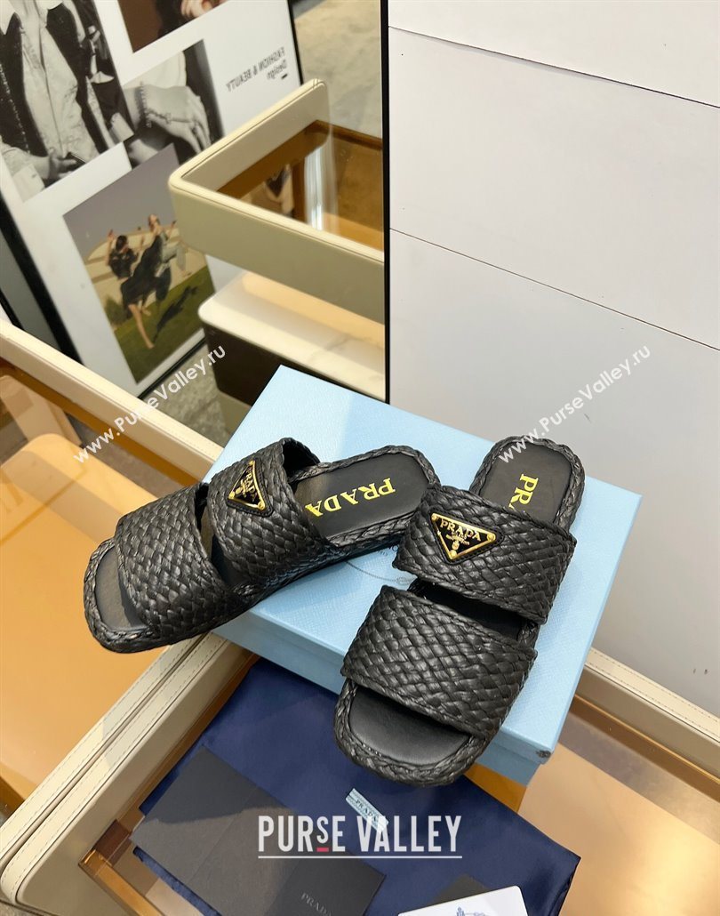 Prada Raffia straw flat slides sandal Black 2025 1XX749 (MD-250603062)