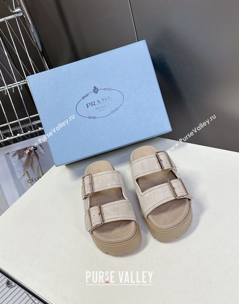 Prada Suede Platform strap slides sandal 4.5cm with buckle Light Beige 2025 1XX692 (MD-250530016)