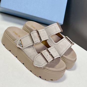 Prada Suede Platform strap slides sandal 4.5cm with buckle Light Beige 2025 1XX692 (MD-250530016)