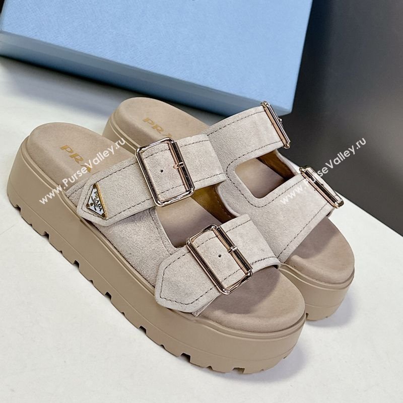 Prada Suede Platform strap slides sandal 4.5cm with buckle Light Beige 2025 1XX692 (MD-250530016)