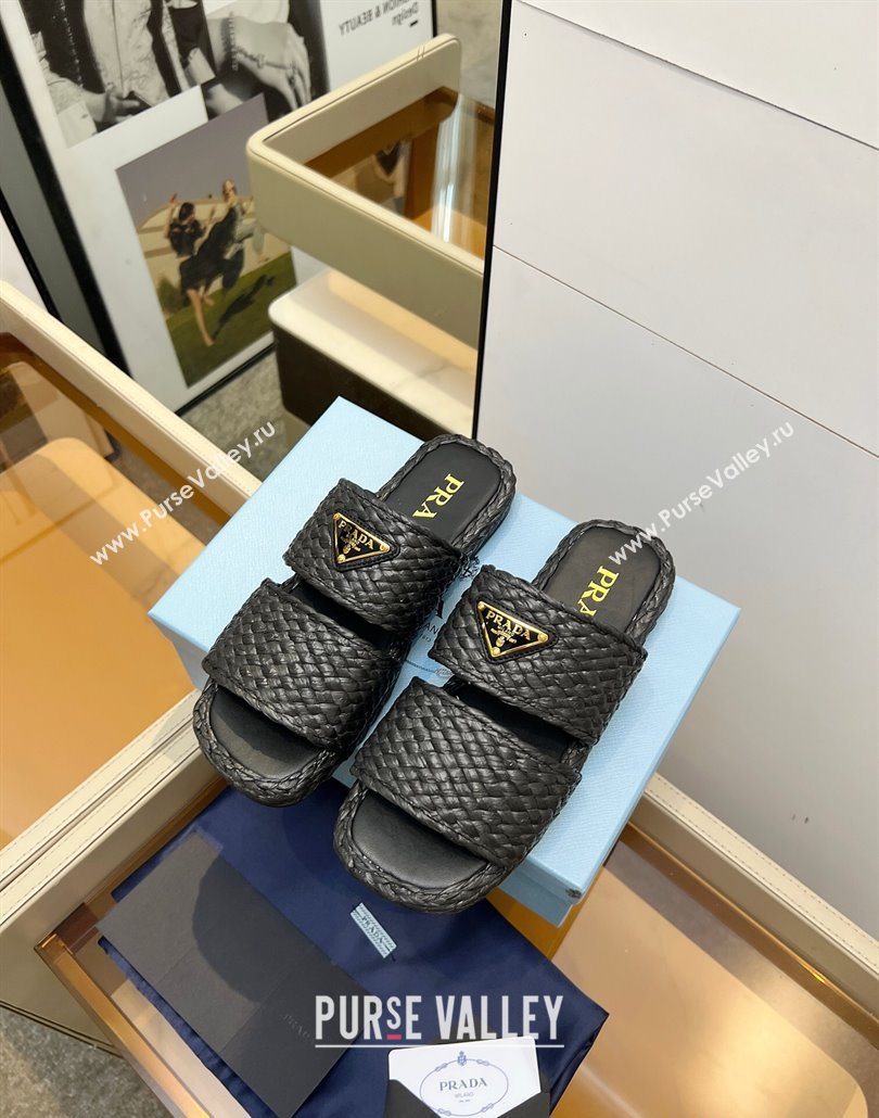 Prada Raffia straw flat slides sandal Black 2025 1XX749 (MD-250603062)