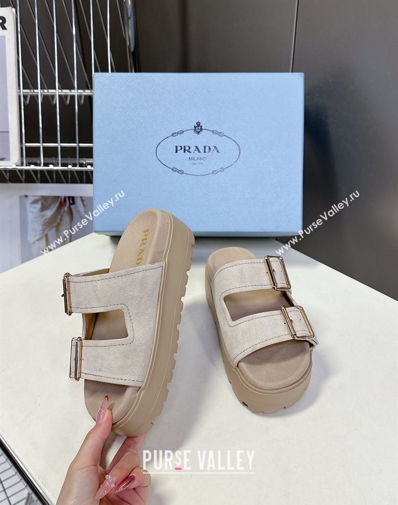 Prada Suede Platform strap slides sandal 4.5cm with buckle Light Beige 2025 1XX692 (MD-250530016)