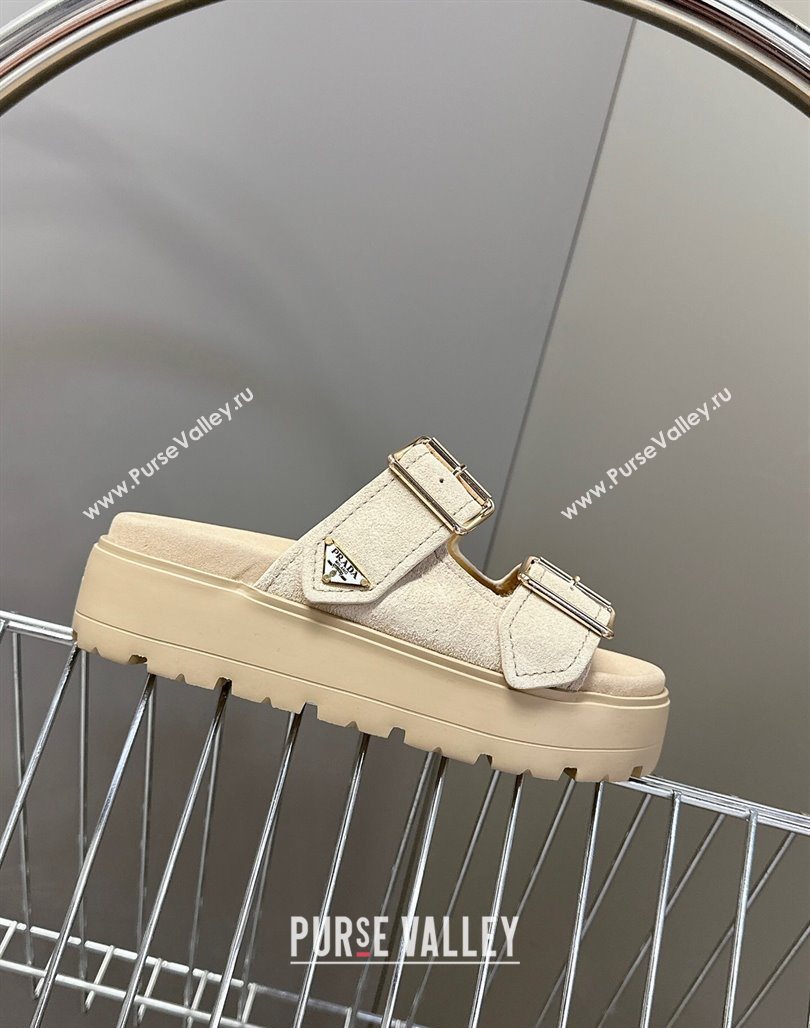 Prada Suede Platform strap slides sandal 4.5cm with buckle Light Beige 2025 1XX692 (MD-250530016)