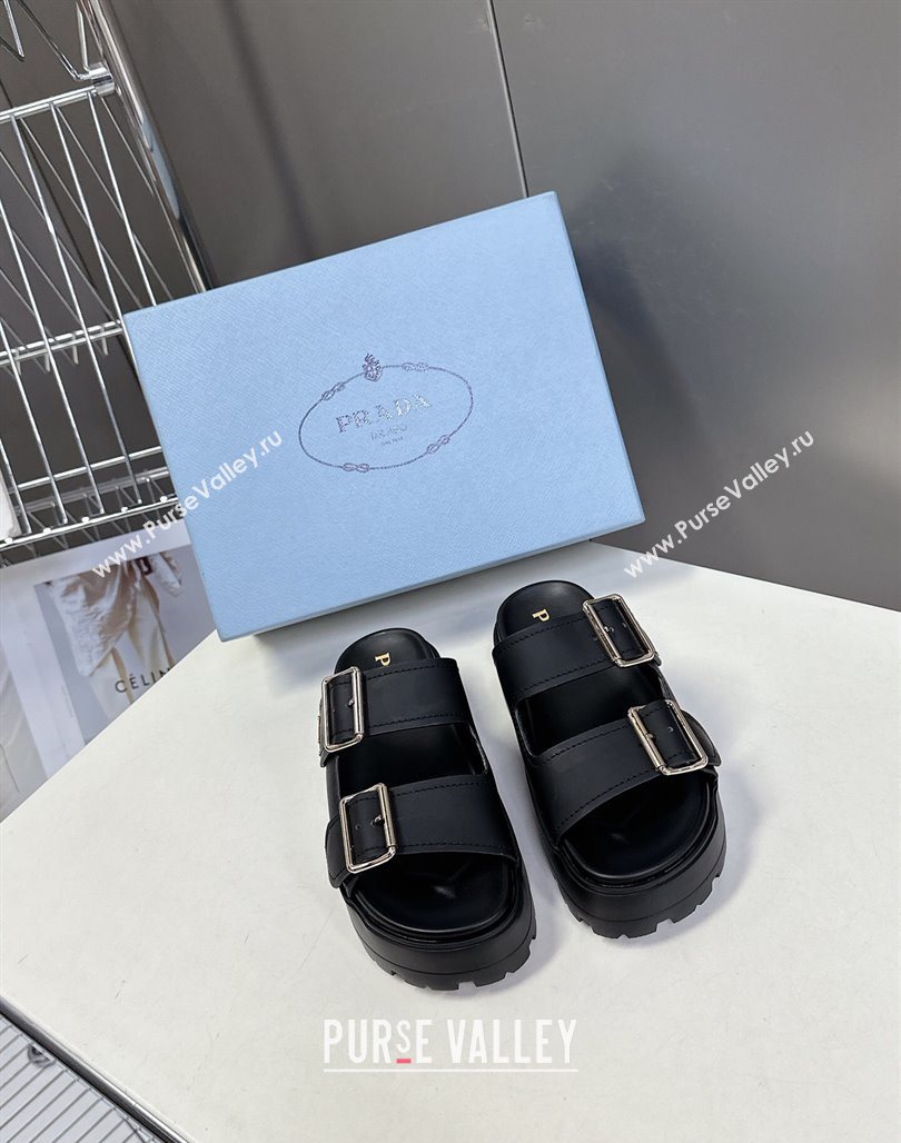 Prada Matte Leather Platform strap slides sandal 4.5cm with buckle Black 2025 1XX692 (MD-250530017)