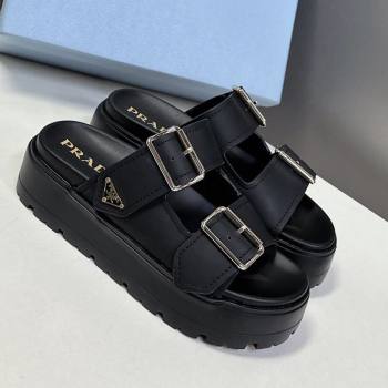 Prada Matte Leather Platform strap slides sandal 4.5cm with buckle Black 2025 1XX692 (MD-250530017)