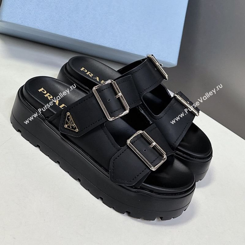 Prada Matte Leather Platform strap slides sandal 4.5cm with buckle Black 2025 1XX692 (MD-250530017)