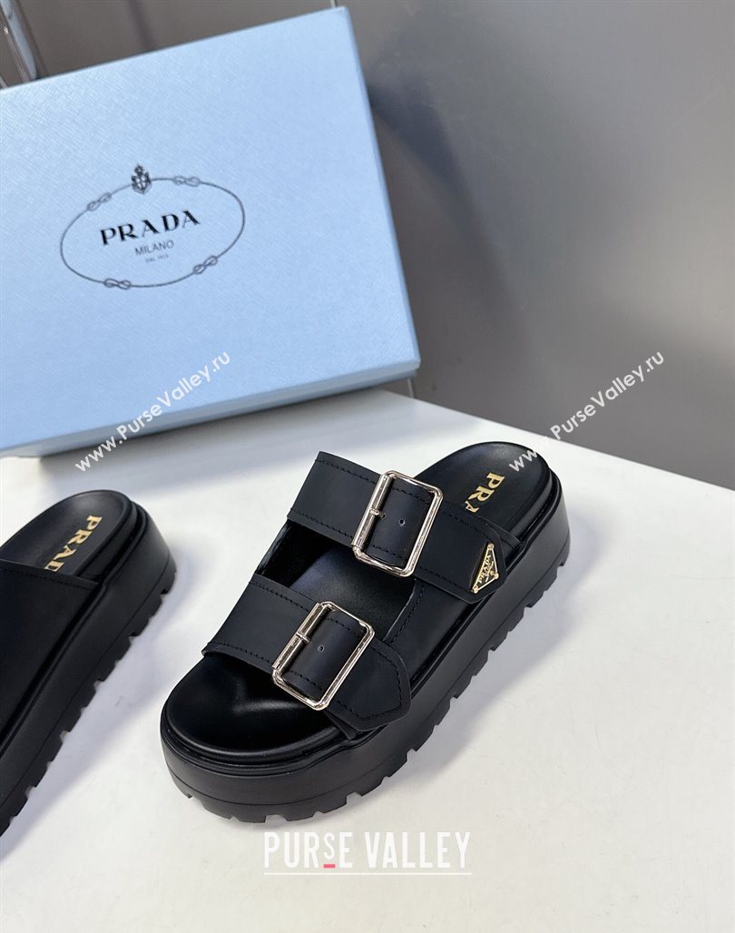 Prada Matte Leather Platform strap slides sandal 4.5cm with buckle Black 2025 1XX692 (MD-250530017)