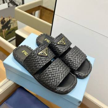 Prada Raffia straw flat slides sandal Black 2025 1XX749 (MD-250603062)