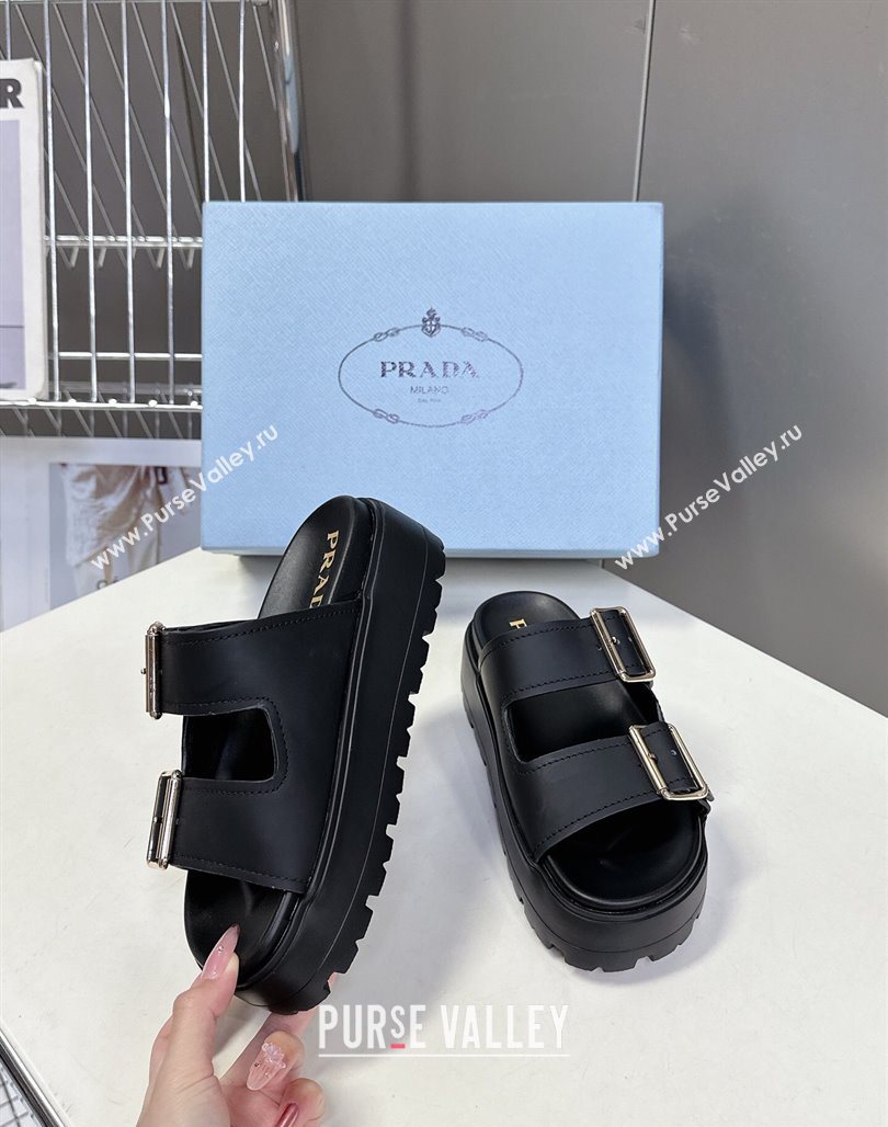 Prada Matte Leather Platform strap slides sandal 4.5cm with buckle Black 2025 1XX692 (MD-250530017)