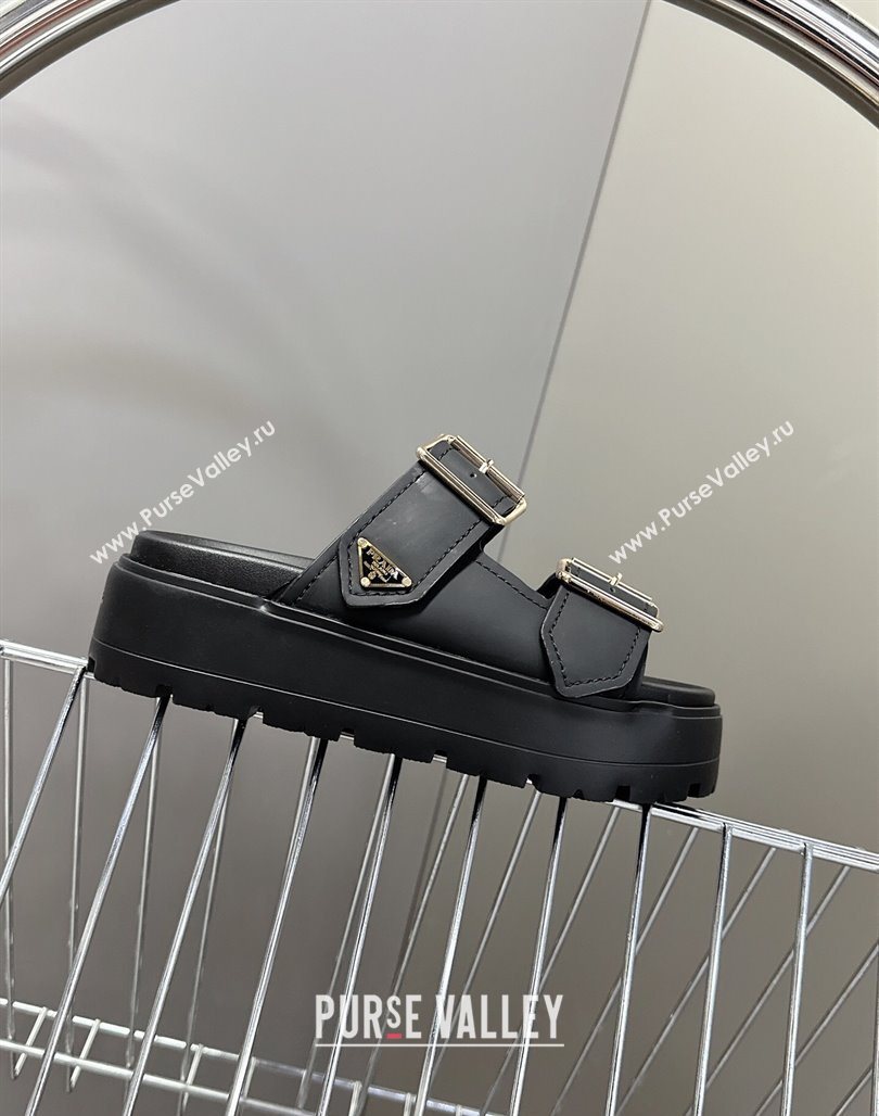 Prada Matte Leather Platform strap slides sandal 4.5cm with buckle Black 2025 1XX692 (MD-250530017)