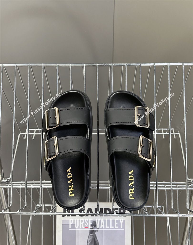 Prada Matte Leather Platform strap slides sandal 4.5cm with buckle Black 2025 1XX692 (MD-250530017)