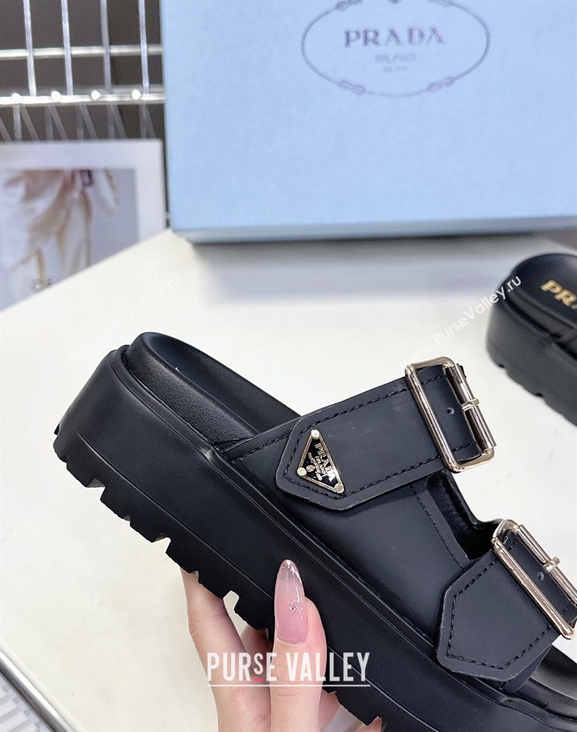 Prada Matte Leather Platform strap slides sandal 4.5cm with buckle Black 2025 1XX692 (MD-250530017)