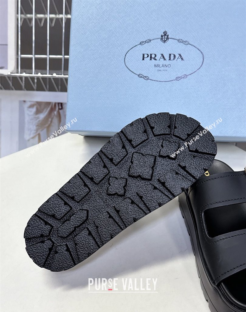 Prada Matte Leather Platform strap slides sandal 4.5cm with buckle Black 2025 1XX692 (MD-250530017)