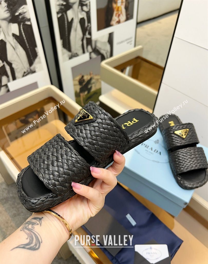 Prada Raffia straw flat slides sandal Black 2025 1XX749 (MD-250603062)