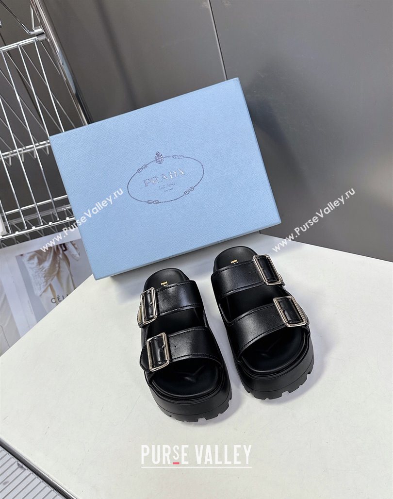 Prada Calf Leather Platform strap slides sandal 4.5cm with buckle Black 2025 1XX692 (MD-250530019)
