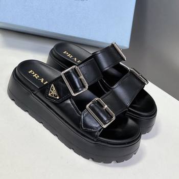Prada Calf Leather Platform strap slides sandal 4.5cm with buckle Black 2025 1XX692 (MD-250530019)