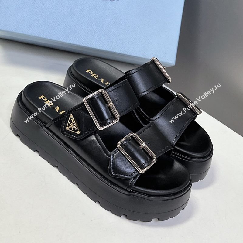 Prada Calf Leather Platform strap slides sandal 4.5cm with buckle Black 2025 1XX692 (MD-250530019)