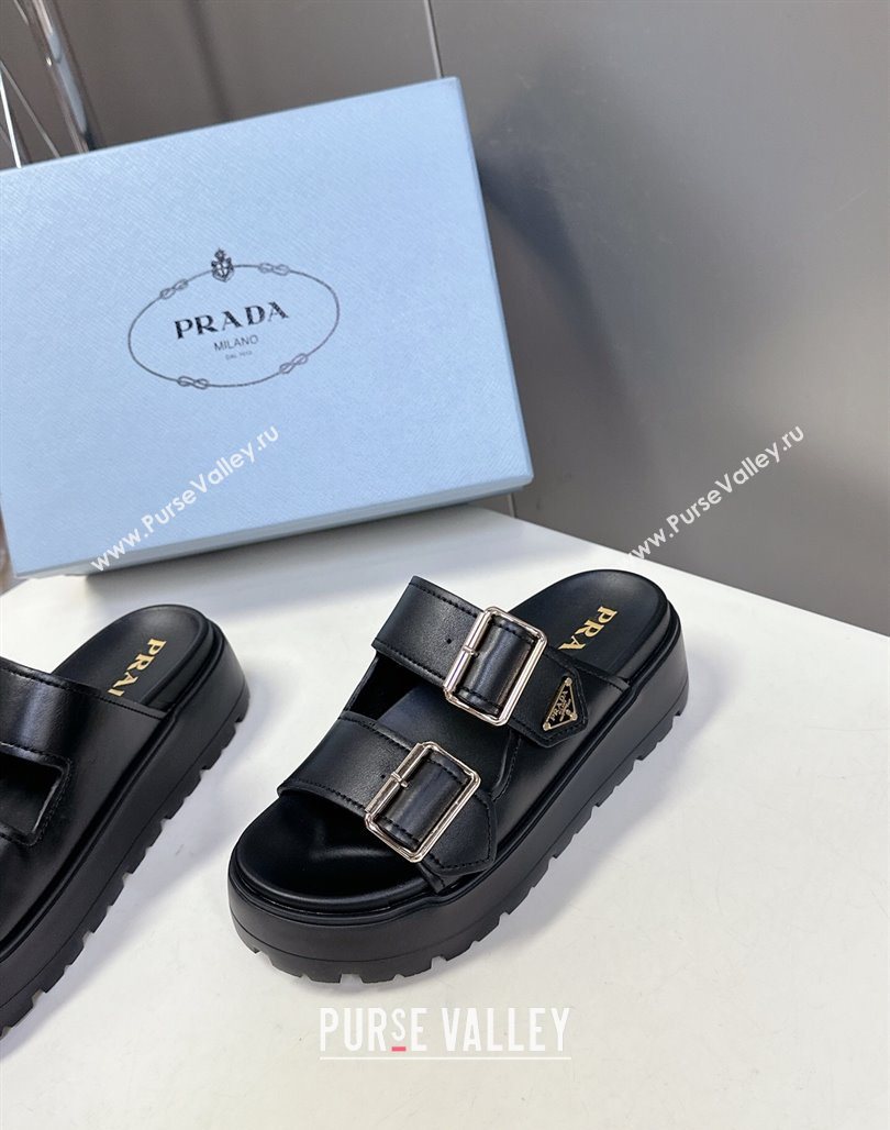 Prada Calf Leather Platform strap slides sandal 4.5cm with buckle Black 2025 1XX692 (MD-250530019)