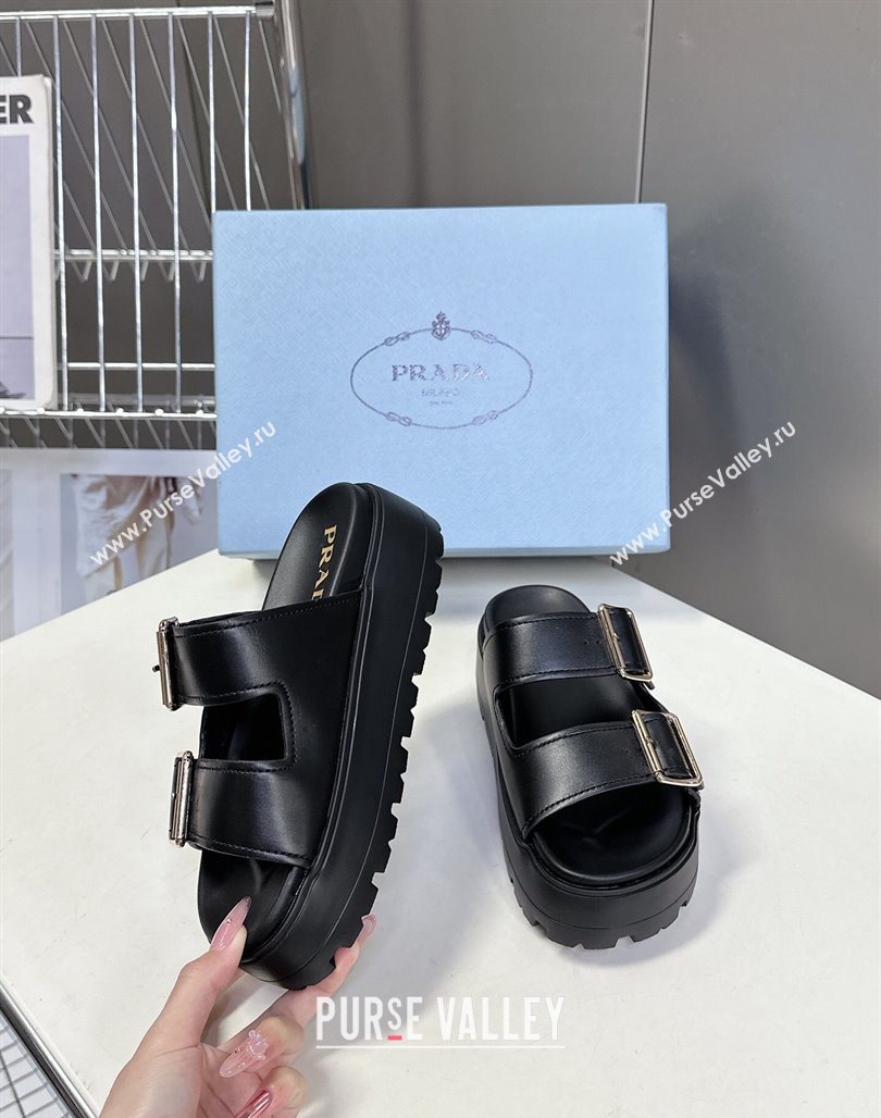 Prada Calf Leather Platform strap slides sandal 4.5cm with buckle Black 2025 1XX692 (MD-250530019)