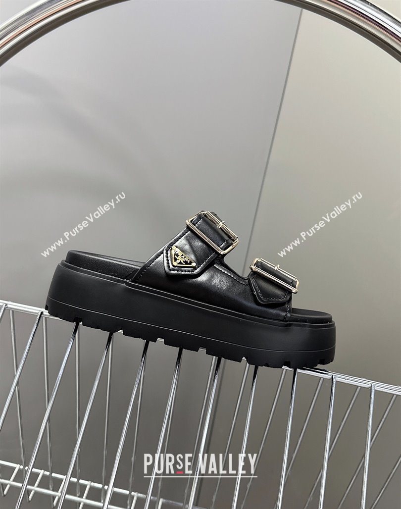 Prada Calf Leather Platform strap slides sandal 4.5cm with buckle Black 2025 1XX692 (MD-250530019)