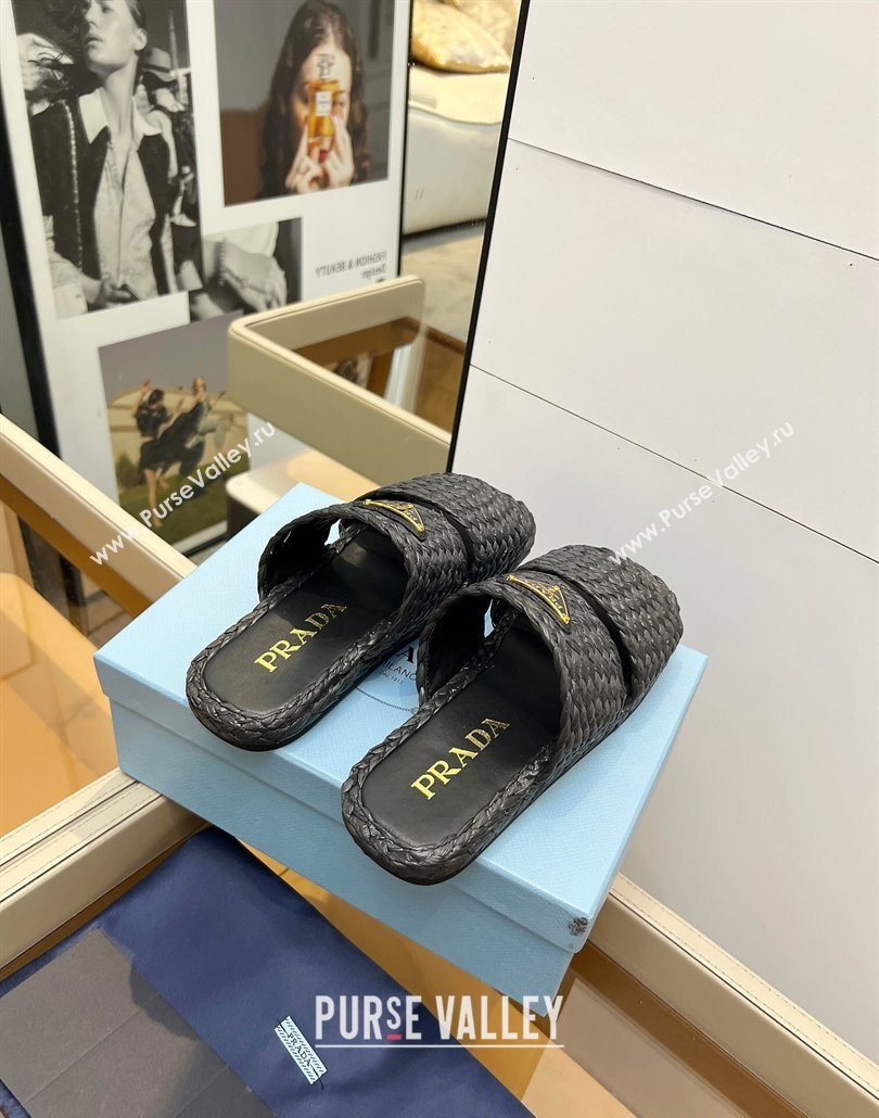 Prada Raffia straw flat slides sandal Black 2025 1XX749 (MD-250603062)
