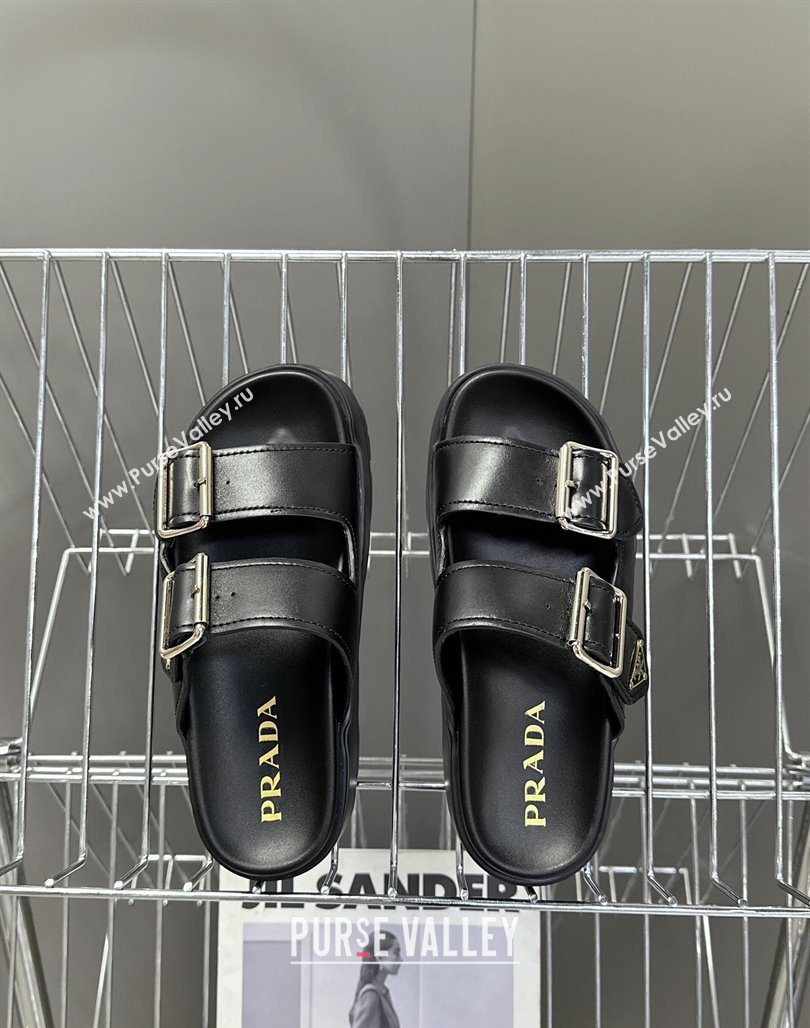 Prada Calf Leather Platform strap slides sandal 4.5cm with buckle Black 2025 1XX692 (MD-250530019)