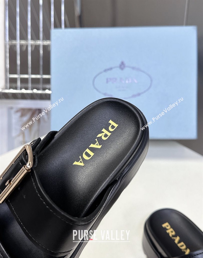 Prada Calf Leather Platform strap slides sandal 4.5cm with buckle Black 2025 1XX692 (MD-250530019)