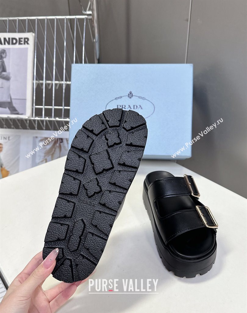 Prada Calf Leather Platform strap slides sandal 4.5cm with buckle Black 2025 1XX692 (MD-250530019)