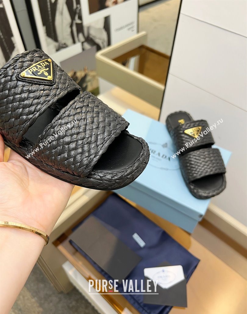 Prada Raffia straw flat slides sandal Black 2025 1XX749 (MD-250603062)
