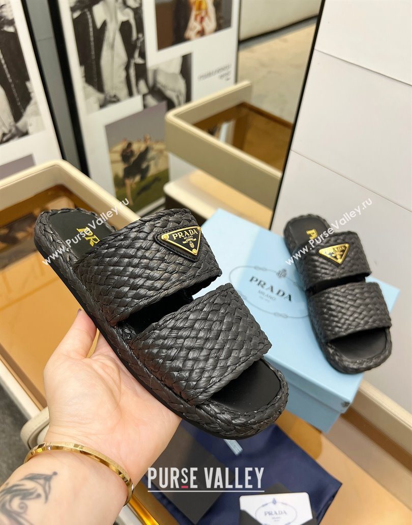 Prada Raffia straw flat slides sandal Black 2025 1XX749 (MD-250603062)