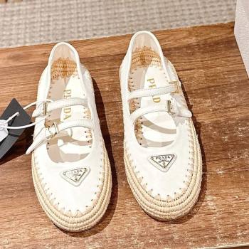 Prada Nappa leather and raffia straw ballerinas flat White 2025 1F869N (syt-250603071)