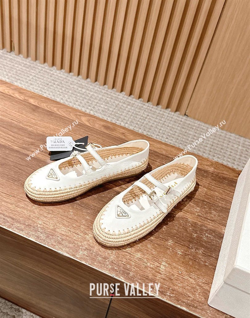 Prada Nappa leather and raffia straw ballerinas flat White 2025 1F869N (syt-250603071)