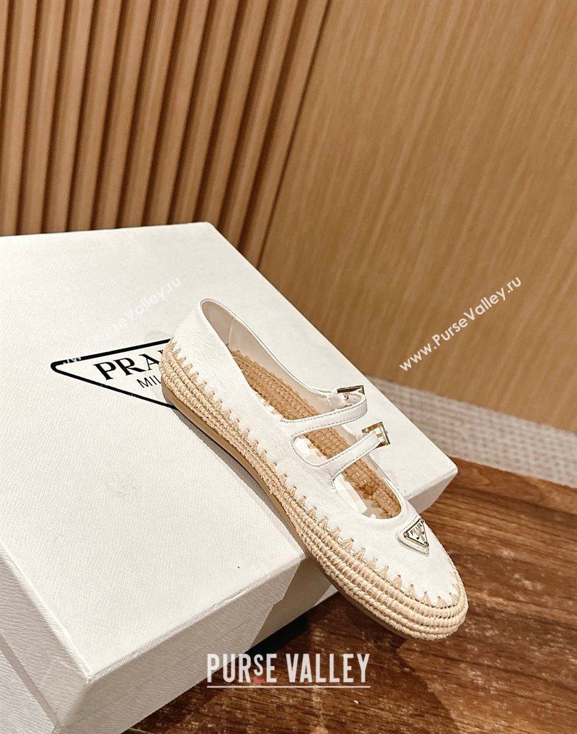 Prada Nappa leather and raffia straw ballerinas flat White 2025 1F869N (syt-250603071)
