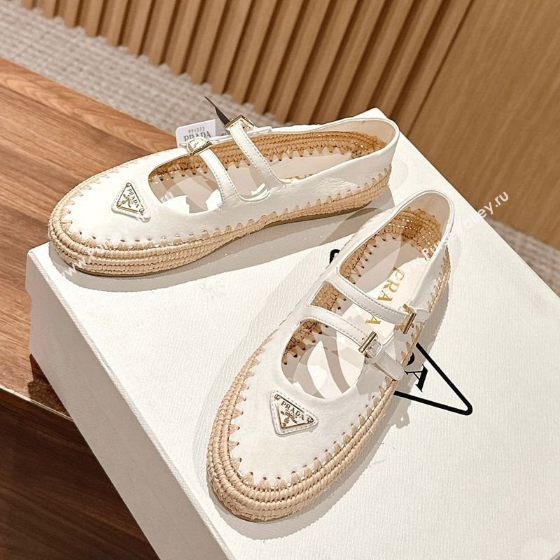 Prada Nappa leather and raffia straw ballerinas flat White 2025 1F869N (syt-250603071)