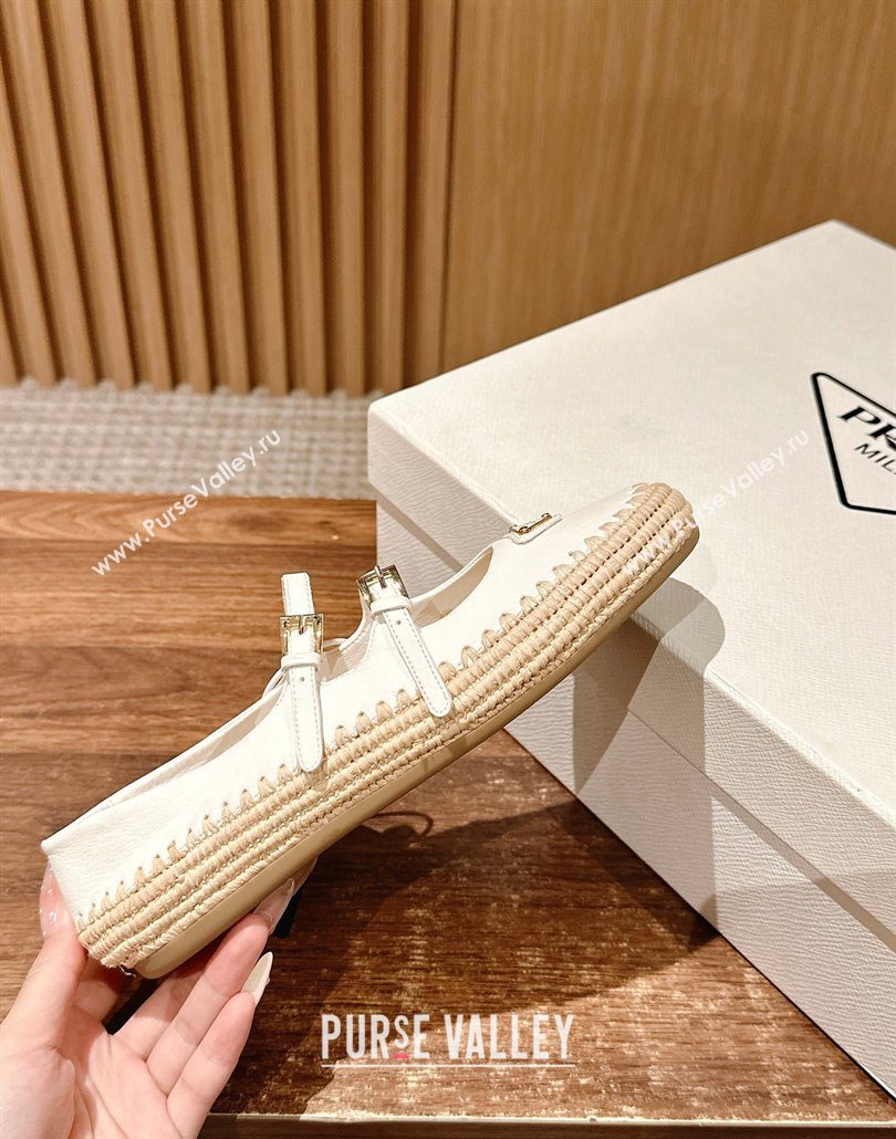 Prada Nappa leather and raffia straw ballerinas flat White 2025 1F869N (syt-250603071)