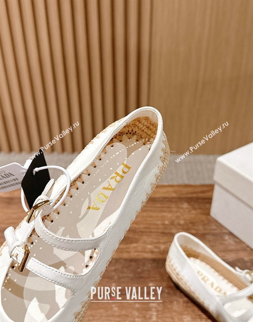 Prada Nappa leather and raffia straw ballerinas flat White 2025 1F869N (syt-250603071)