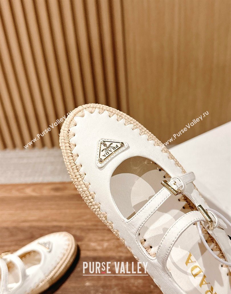 Prada Nappa leather and raffia straw ballerinas flat White 2025 1F869N (syt-250603071)