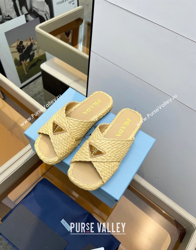 Prada Raffia straw crisscross flat slides sandal Beige Yellow 2025 1XX750 (MD-250603063)