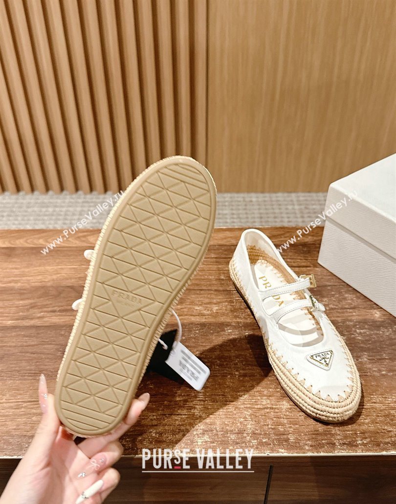 Prada Nappa leather and raffia straw ballerinas flat White 2025 1F869N (syt-250603071)