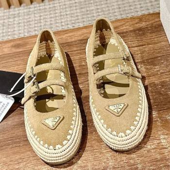 Prada Suede and raffia straw ballerinas flat Beige 2025 1F869N (syt-250603072)