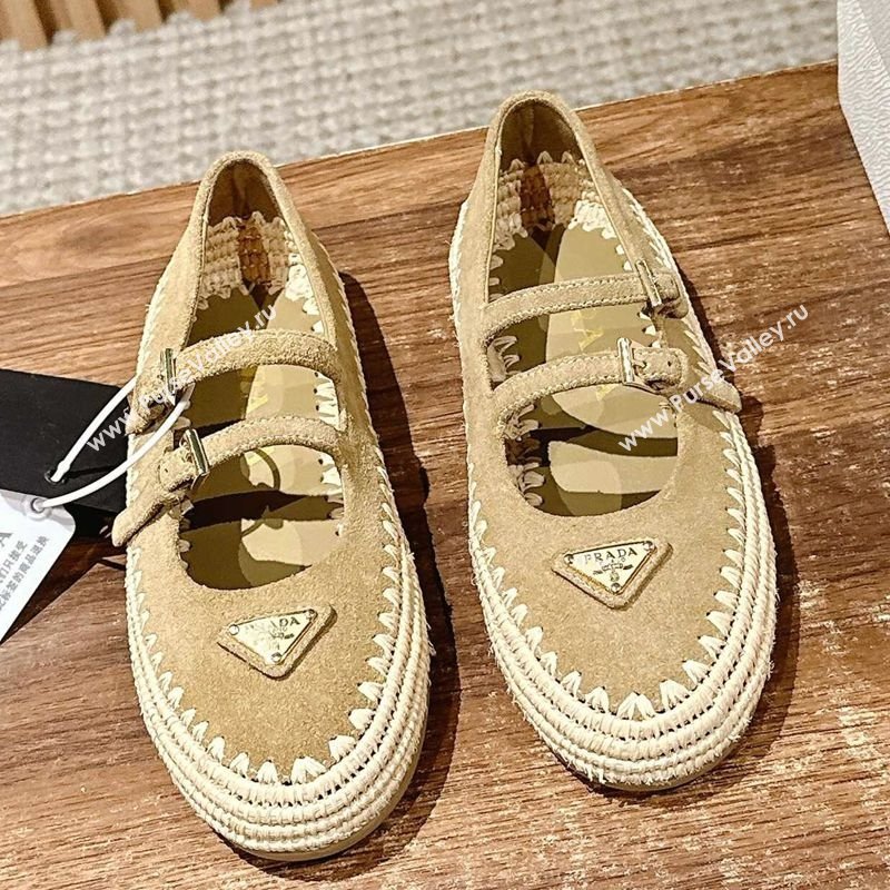 Prada Suede and raffia straw ballerinas flat Beige 2025 1F869N (syt-250603072)