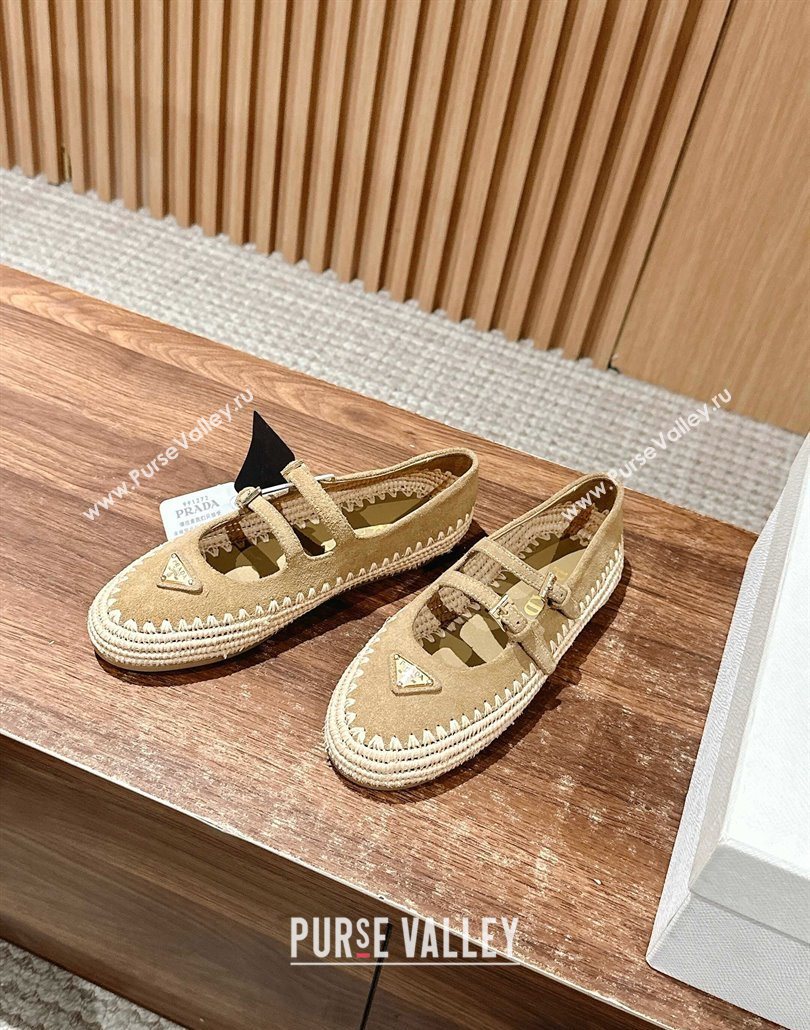 Prada Suede and raffia straw ballerinas flat Beige 2025 1F869N (syt-250603072)