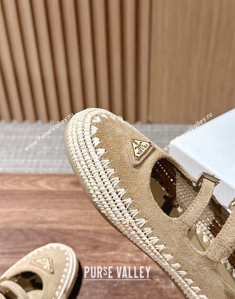 Prada Suede and raffia straw ballerinas flat Beige 2025 1F869N (syt-250603072)