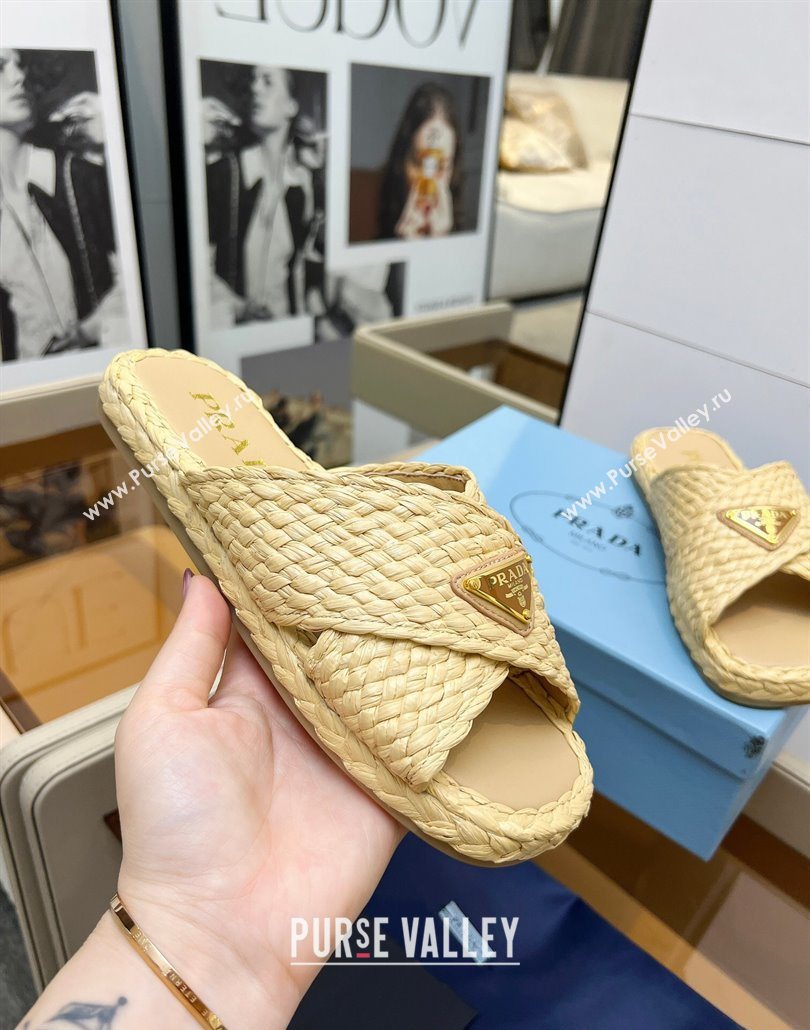 Prada Raffia straw crisscross flat slides sandal Beige Yellow 2025 1XX750 (MD-250603063)
