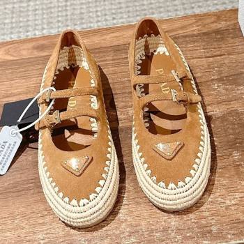 Prada Suede and raffia straw ballerinas flat Brown 2025 1F869N (syt-250603073)
